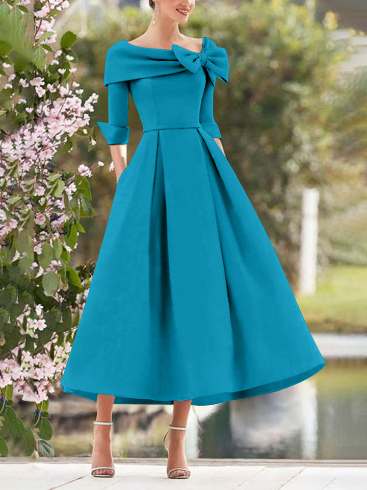 A-Line/Princess Cowl Neck Bow(s) 3/4 Sleeves Tea Length Elegant Mother of the Bride  & Groom Dresses