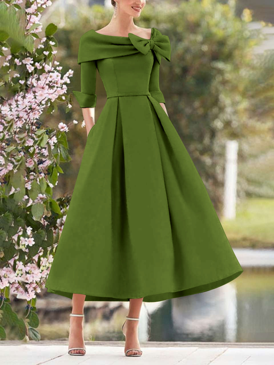 A-Line/Princess Cowl Neck Bow(s) 3/4 Sleeves Tea Length Elegant Mother of the Bride  & Groom Dresses