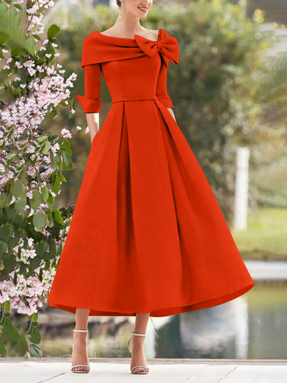 A-Line/Princess Cowl Neck Bow(s) 3/4 Sleeves Tea Length Elegant Mother of the Bride  & Groom Dresses