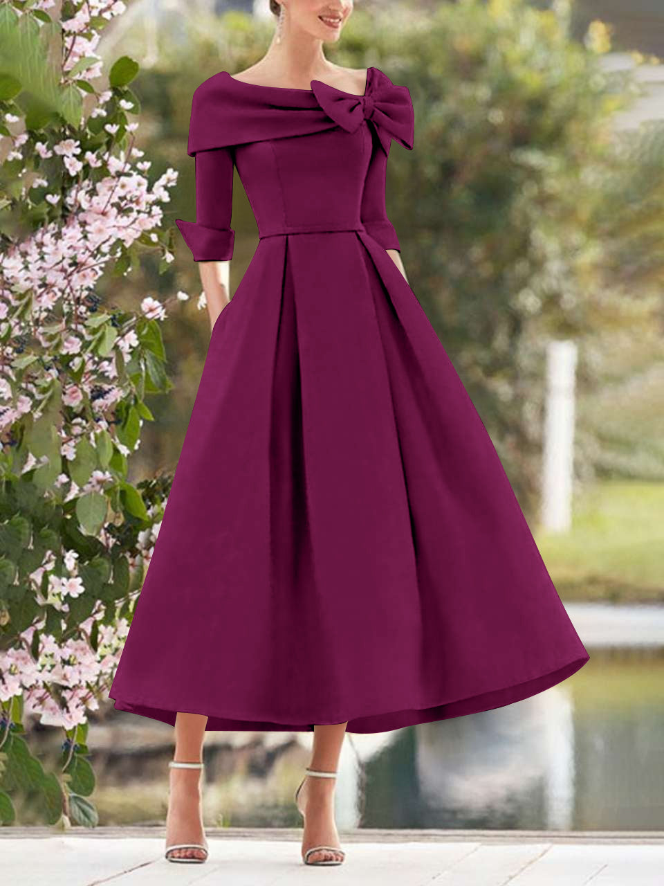 A-Line/Princess Cowl Neck Bow(s) 3/4 Sleeves Tea Length Elegant Mother of the Bride  & Groom Dresses