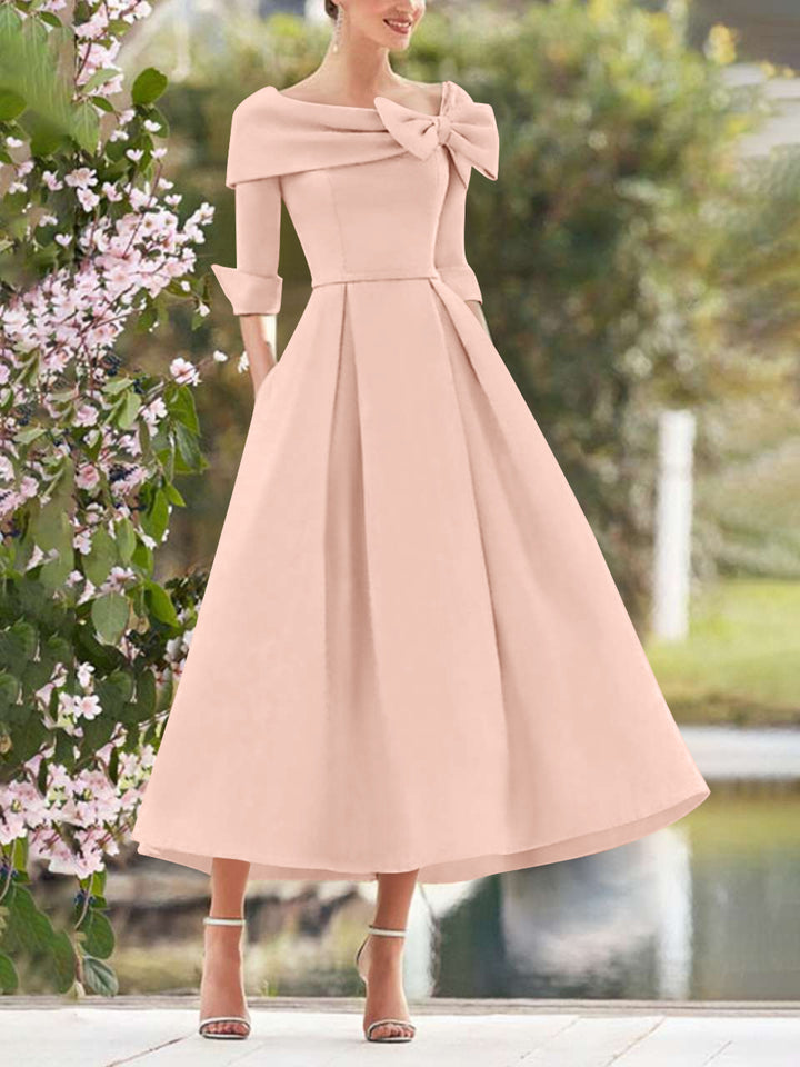 A-Line/Princess Cowl Neck Bow(s) 3/4 Sleeves Tea Length Elegant Mother of the Bride  & Groom Dresses