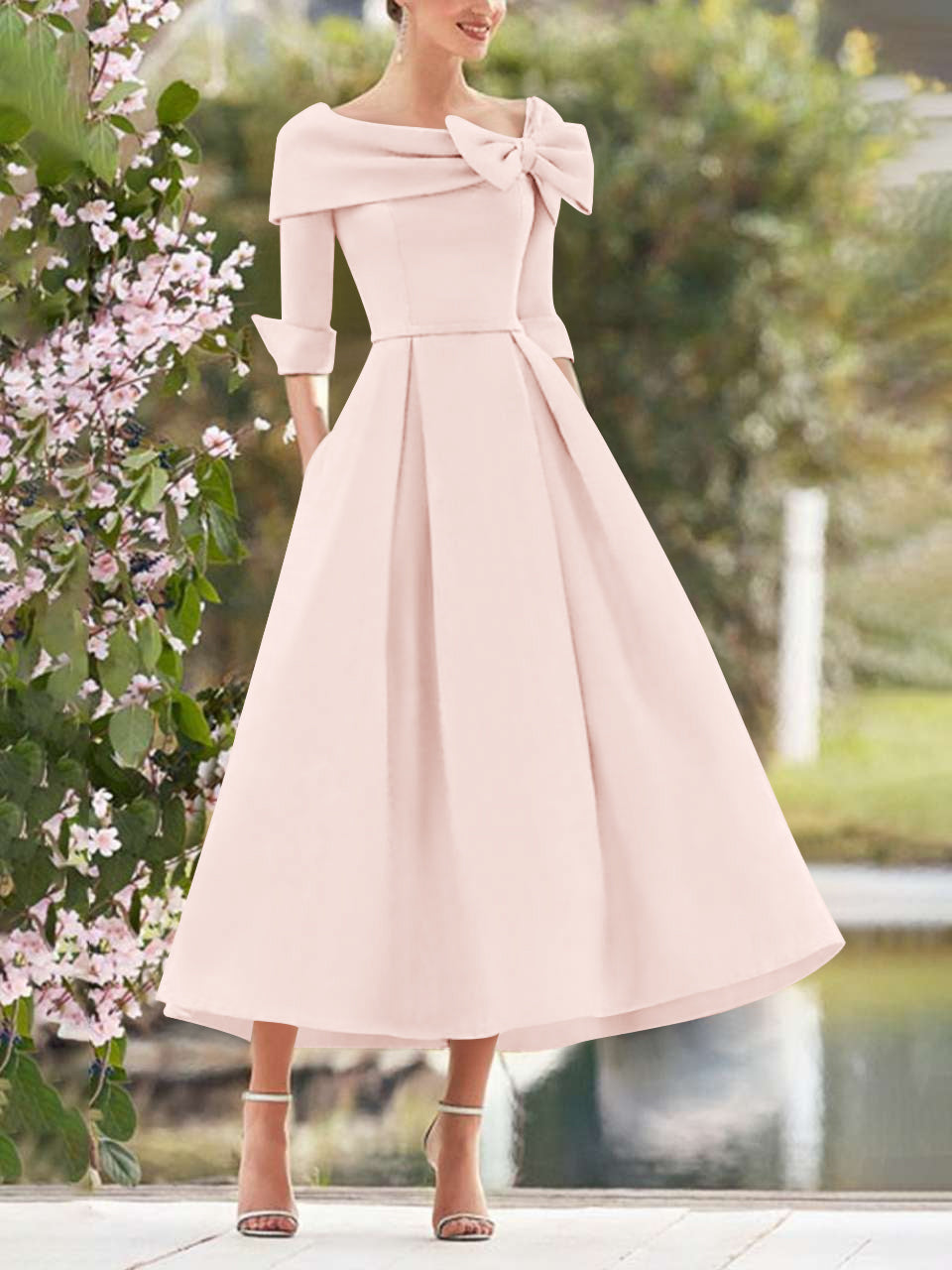 A-Line/Princess Cowl Neck Bow(s) 3/4 Sleeves Tea Length Elegant Mother of the Bride  & Groom Dresses