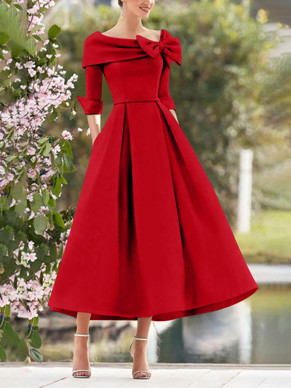 A-Line/Princess Cowl Neck Bow(s) 3/4 Sleeves Tea Length Elegant Mother of the Bride  & Groom Dresses