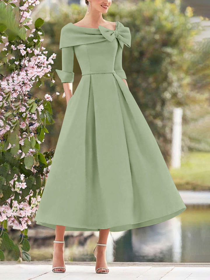 A-Line/Princess Cowl Neck Bow(s) 3/4 Sleeves Tea Length Elegant Mother of the Bride  & Groom Dresses