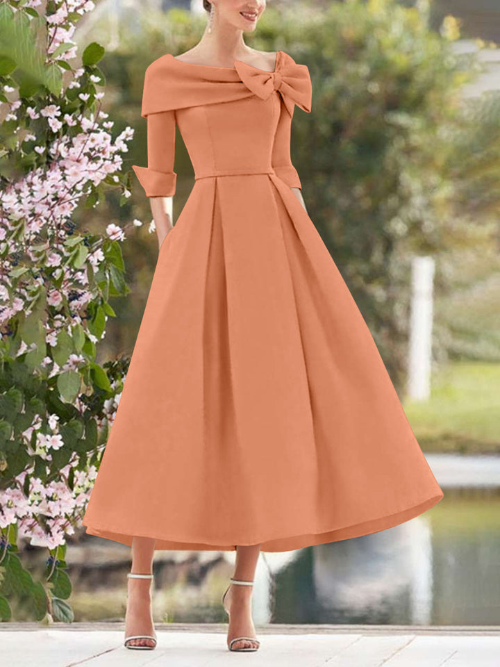 A-Line/Princess Cowl Neck Bow(s) 3/4 Sleeves Tea Length Elegant Mother of the Bride  & Groom Dresses