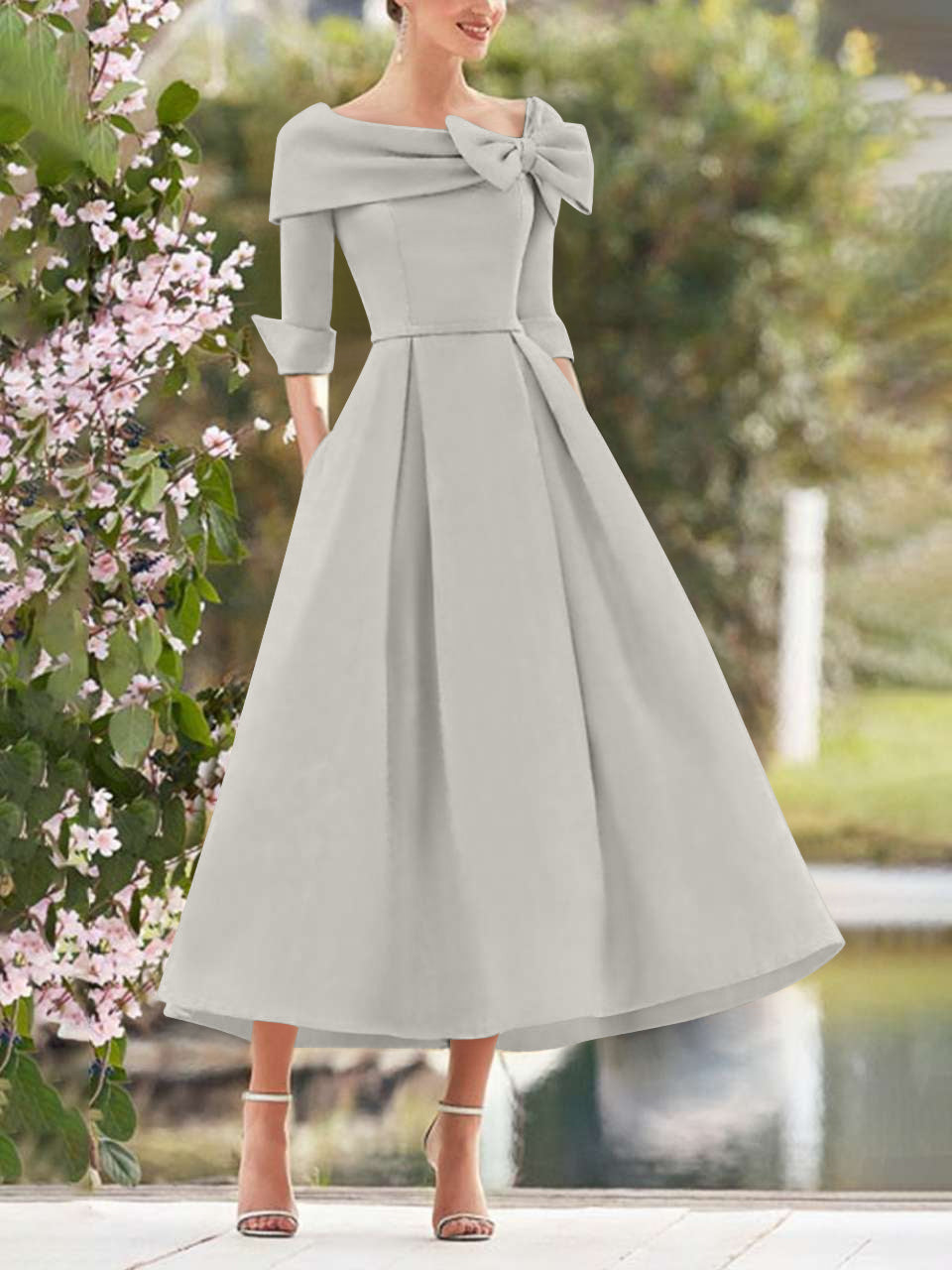 A-Line/Princess Cowl Neck Bow(s) 3/4 Sleeves Tea Length Elegant Mother of the Bride  & Groom Dresses
