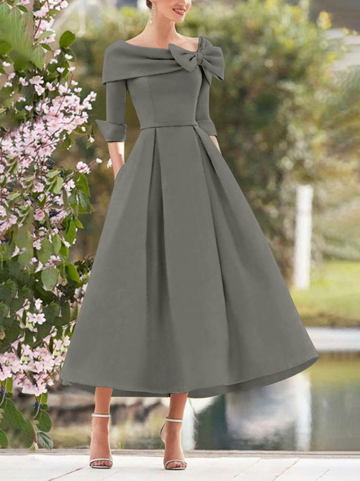 A-Line/Princess Cowl Neck Bow(s) 3/4 Sleeves Tea Length Elegant Mother of the Bride  & Groom Dresses