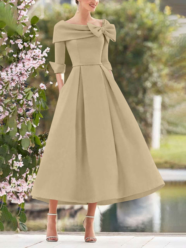 A-Line/Princess Cowl Neck Bow(s) 3/4 Sleeves Tea Length Elegant Mother of the Bride  & Groom Dresses