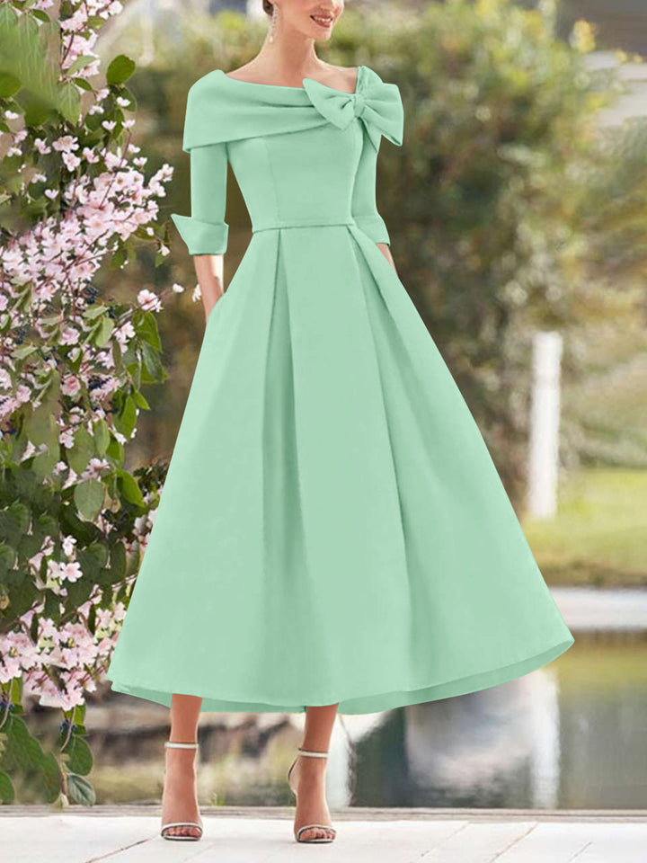 A-Line/Princess Cowl Neck Bow(s) 3/4 Sleeves Tea Length Elegant Mother of the Bride  & Groom Dresses
