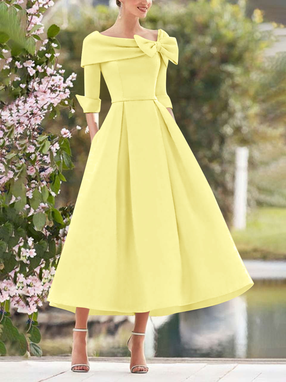 A-Line/Princess Cowl Neck Bow(s) 3/4 Sleeves Tea Length Elegant Mother of the Bride  & Groom Dresses