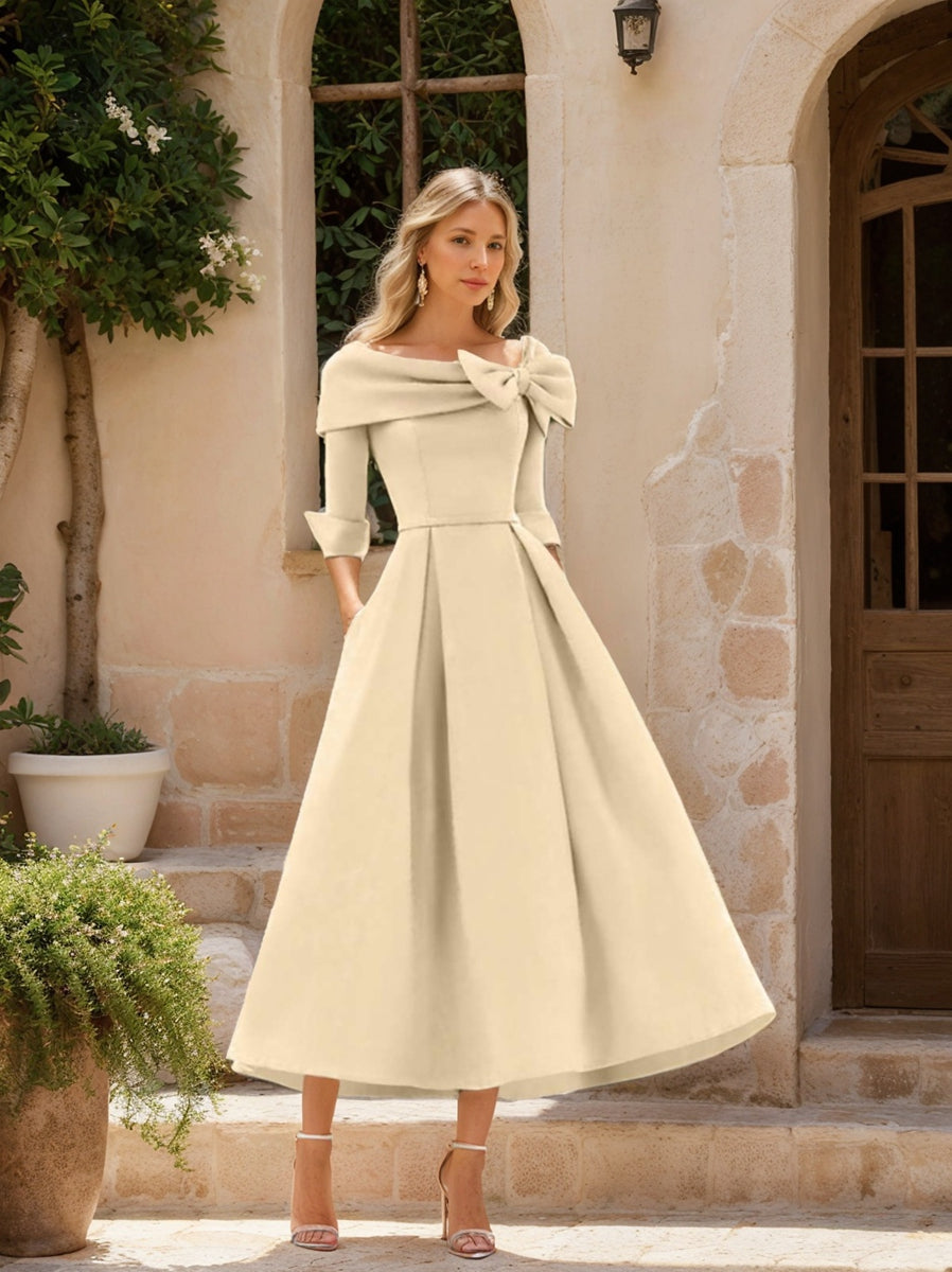 A-Line/Princess Cowl Neck Bow(s) 3/4 Sleeves Tea Length Elegant Mother of the Bride  & Groom Dresses