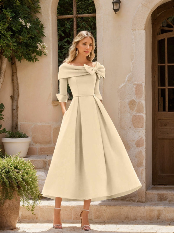 A-Line/Princess Cowl Neck Bow(s) 3/4 Sleeves Tea Length Elegant Mother of the Bride  & Groom Dresses