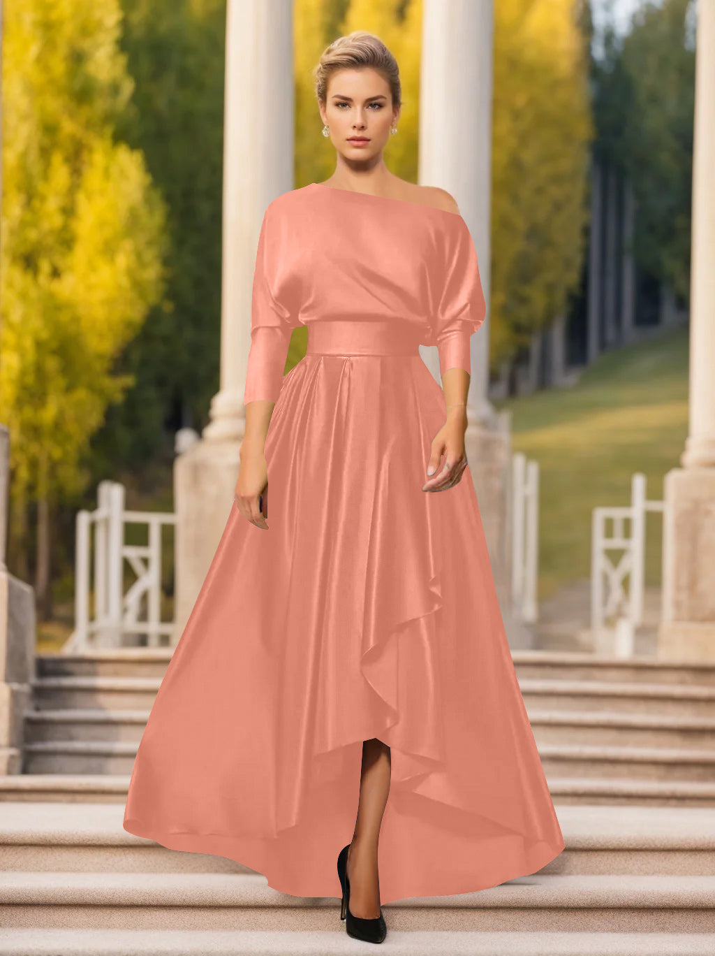 A-Line/Princess One-Shoulder 3/4 Sleeves Asymmetrical Mother of the Bride  & Groom Dresses