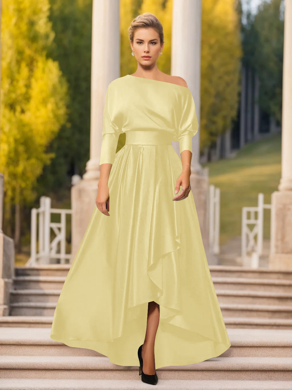 A-Line/Princess One-Shoulder 3/4 Sleeves Asymmetrical Mother of the Bride  & Groom Dresses