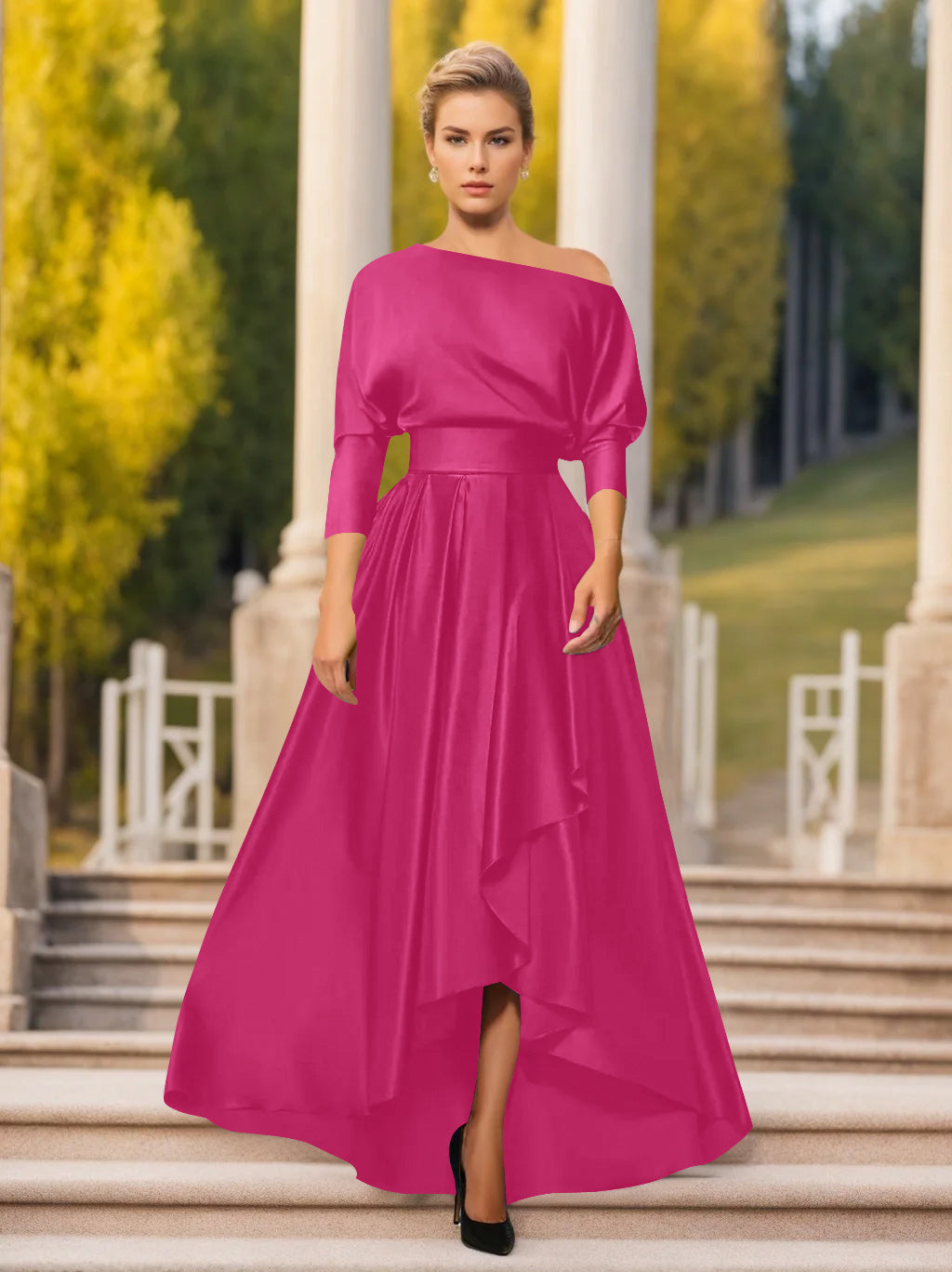 A-Line/Princess One-Shoulder 3/4 Sleeves Asymmetrical Mother of the Bride  & Groom Dresses