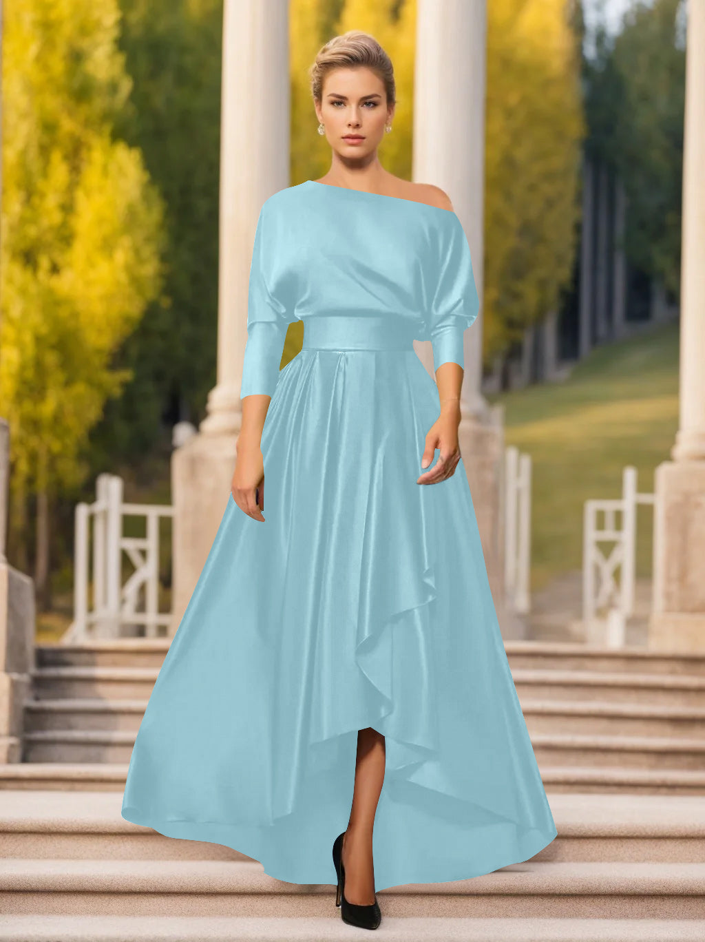 A-Line/Princess One-Shoulder 3/4 Sleeves Asymmetrical Mother of the Bride  & Groom Dresses
