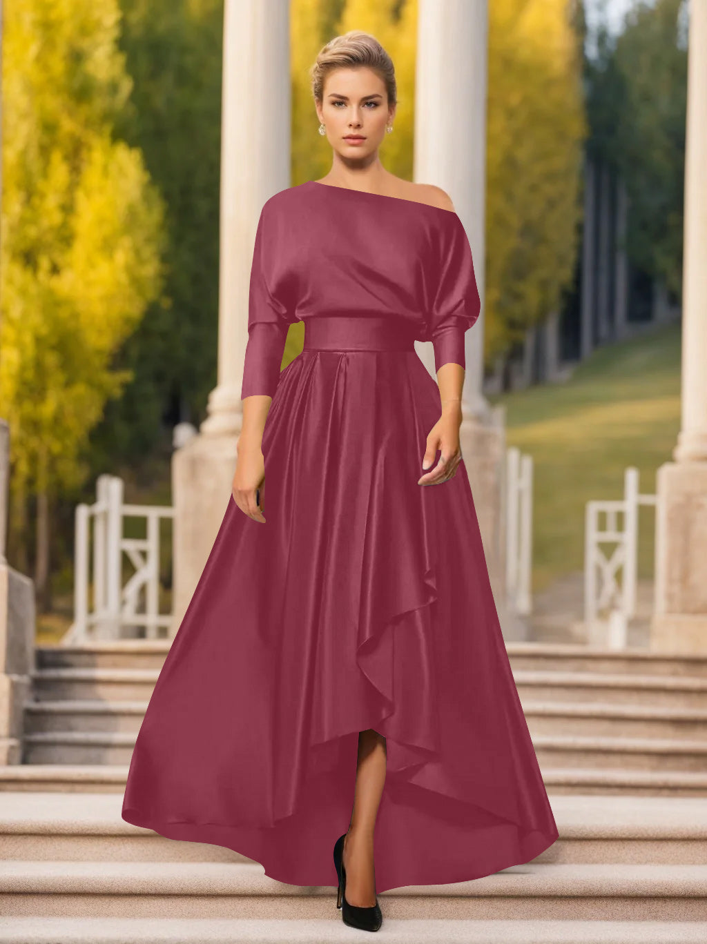 A-Line/Princess One-Shoulder 3/4 Sleeves Asymmetrical Mother of the Bride  & Groom Dresses