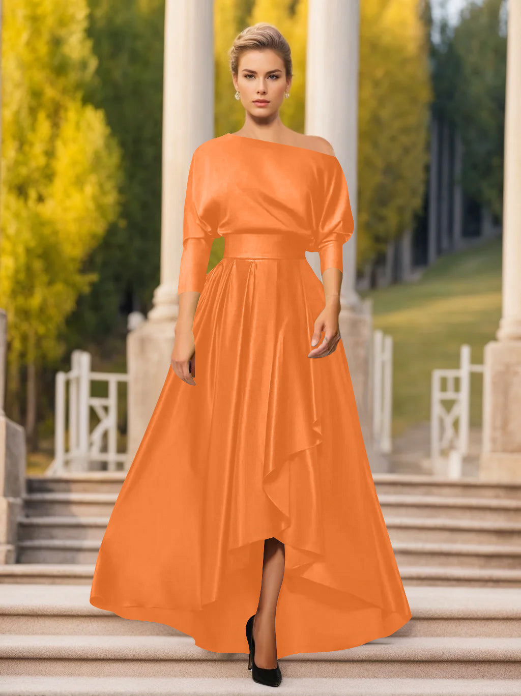 A-Line/Princess One-Shoulder 3/4 Sleeves Asymmetrical Mother of the Bride  & Groom Dresses