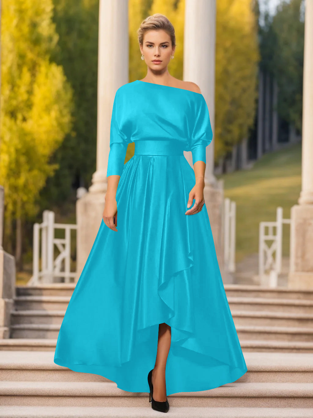 A-Line/Princess One-Shoulder 3/4 Sleeves Asymmetrical Mother of the Bride  & Groom Dresses