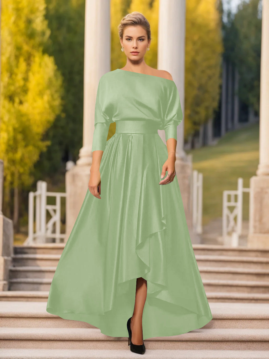 A-Line/Princess One-Shoulder 3/4 Sleeves Asymmetrical Mother of the Bride  & Groom Dresses