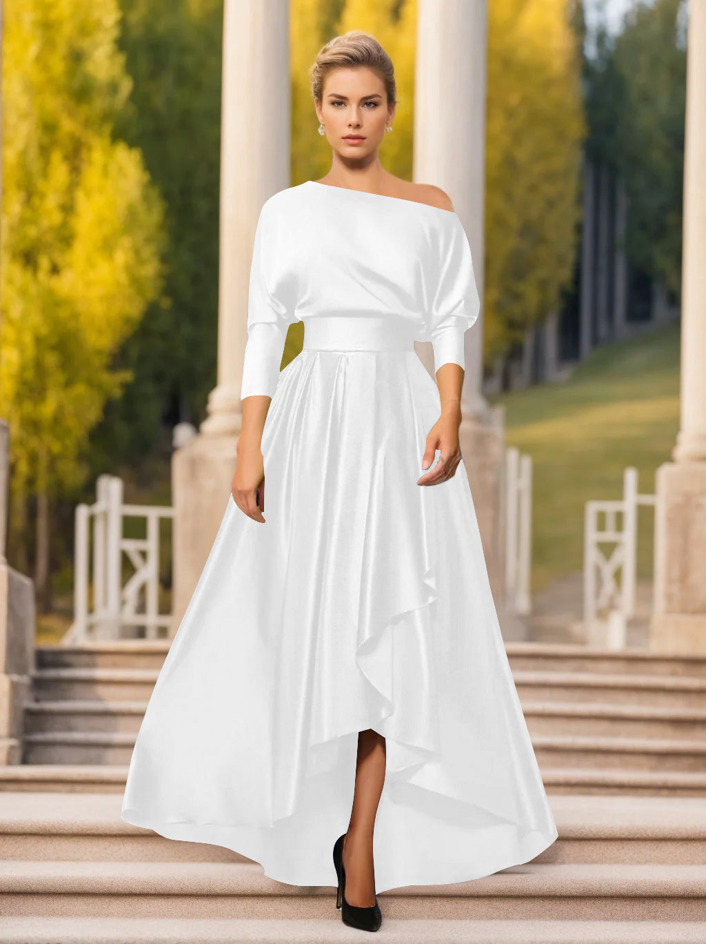 A-Line/Princess One-Shoulder 3/4 Sleeves Asymmetrical Mother of the Bride  & Groom Dresses