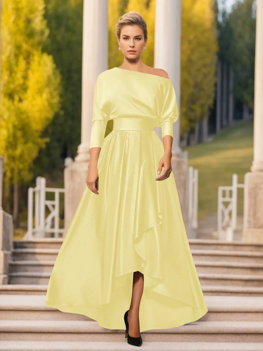 A-Line/Princess One-Shoulder 3/4 Sleeves Asymmetrical Mother of the Bride  & Groom Dresses