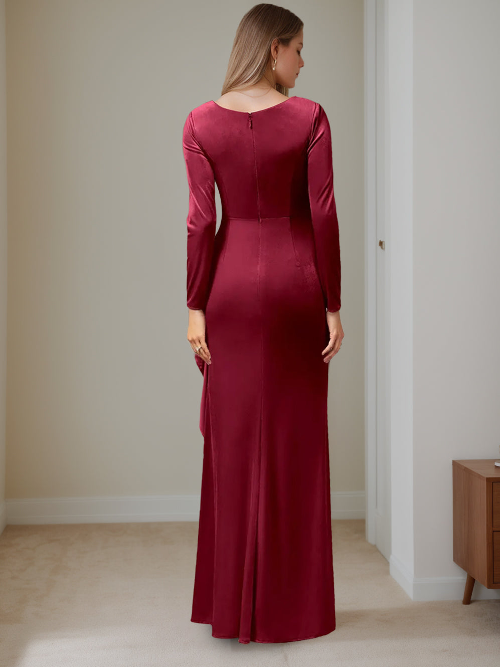 A-Line/Princess V-Neck Long Sleeves Floor-Length Velvet Mother of the Bride Dresses with Ruffles