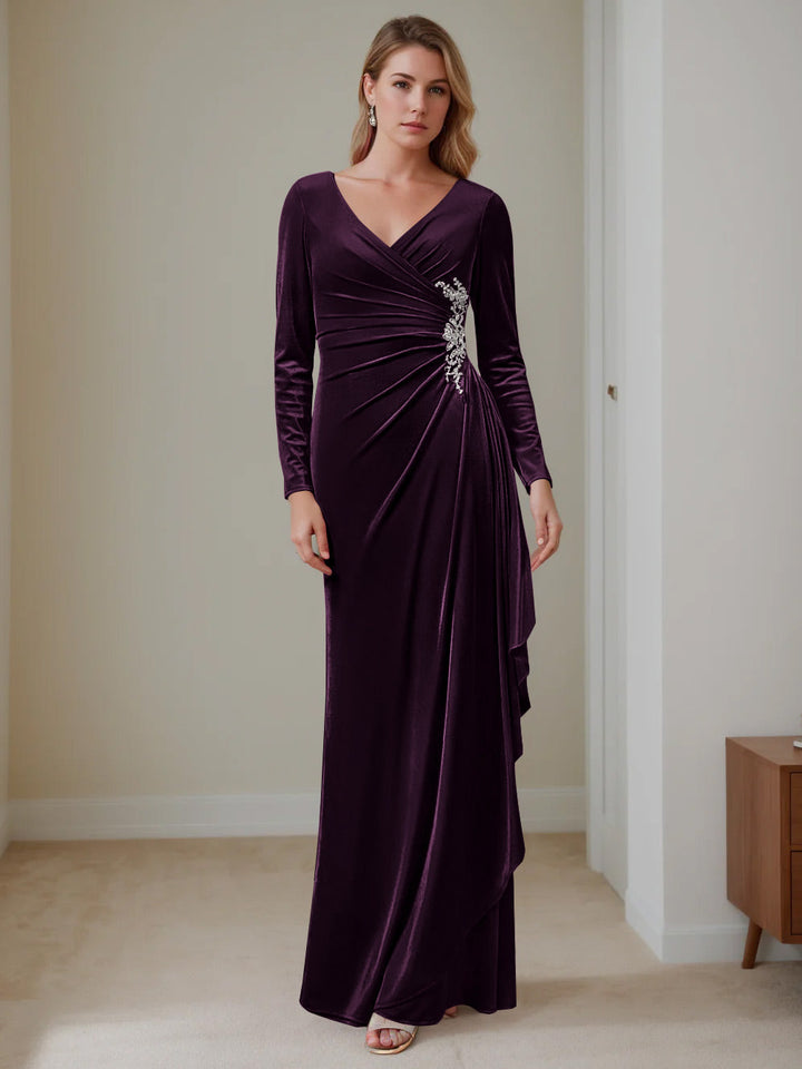 A-Line/Princess V-Neck Long Sleeves Floor-Length Velvet Mother of the Bride Dresses with Ruffles