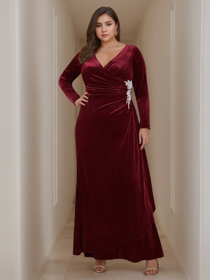 A-Line/Princess V-Neck Long Sleeves Floor-Length Velvet Mother of the Bride Dresses with Ruffles