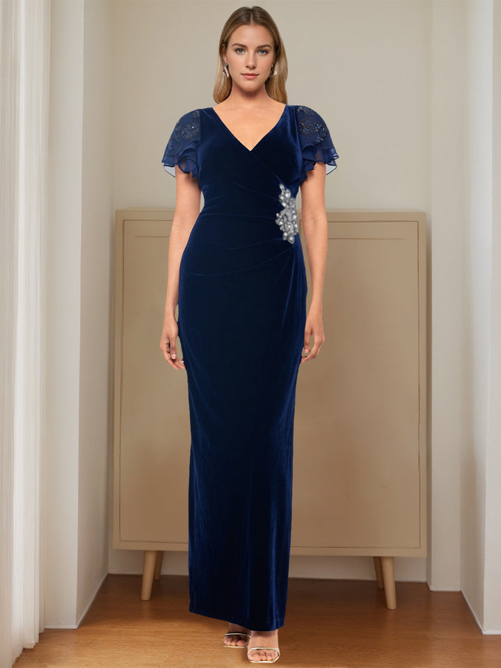 Sheath/Column V-Neck Short Sleeves Floor-Length Velvet Mother of the Bride Dresses with Ruffles & Appliques