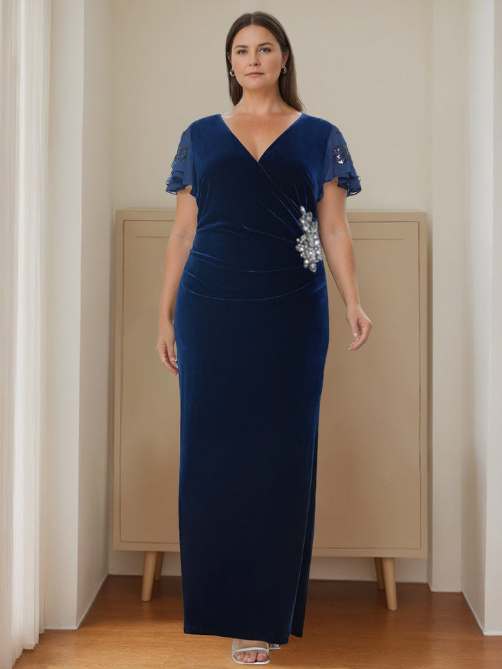 Sheath/Column V-Neck Short Sleeves Floor-Length Velvet Plus Size Mother of the Bride Dresses with Ruffles & Appliques