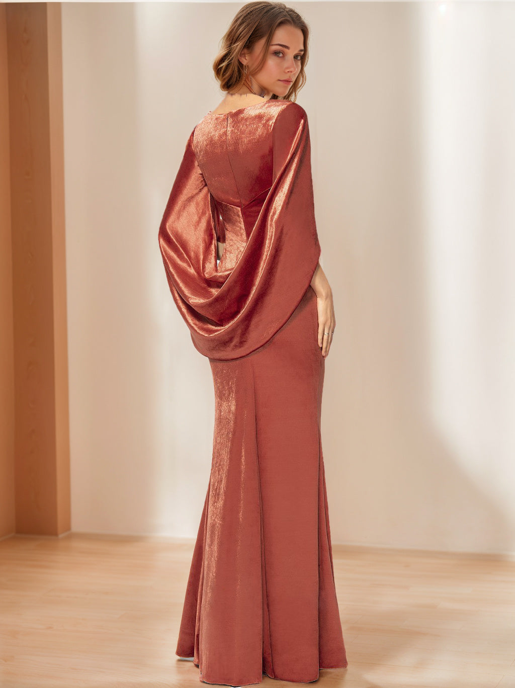 Sheath/Column V-Neck Half Sleeves Floor-Length Velvet Mother of the Bride Dresses with Ruffles