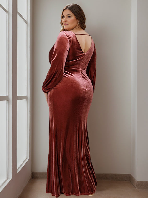 A-Line/Princess V-Neck Long Sleeves Floor-Length Velvet Mother of the Bride Dresses with Ruffles