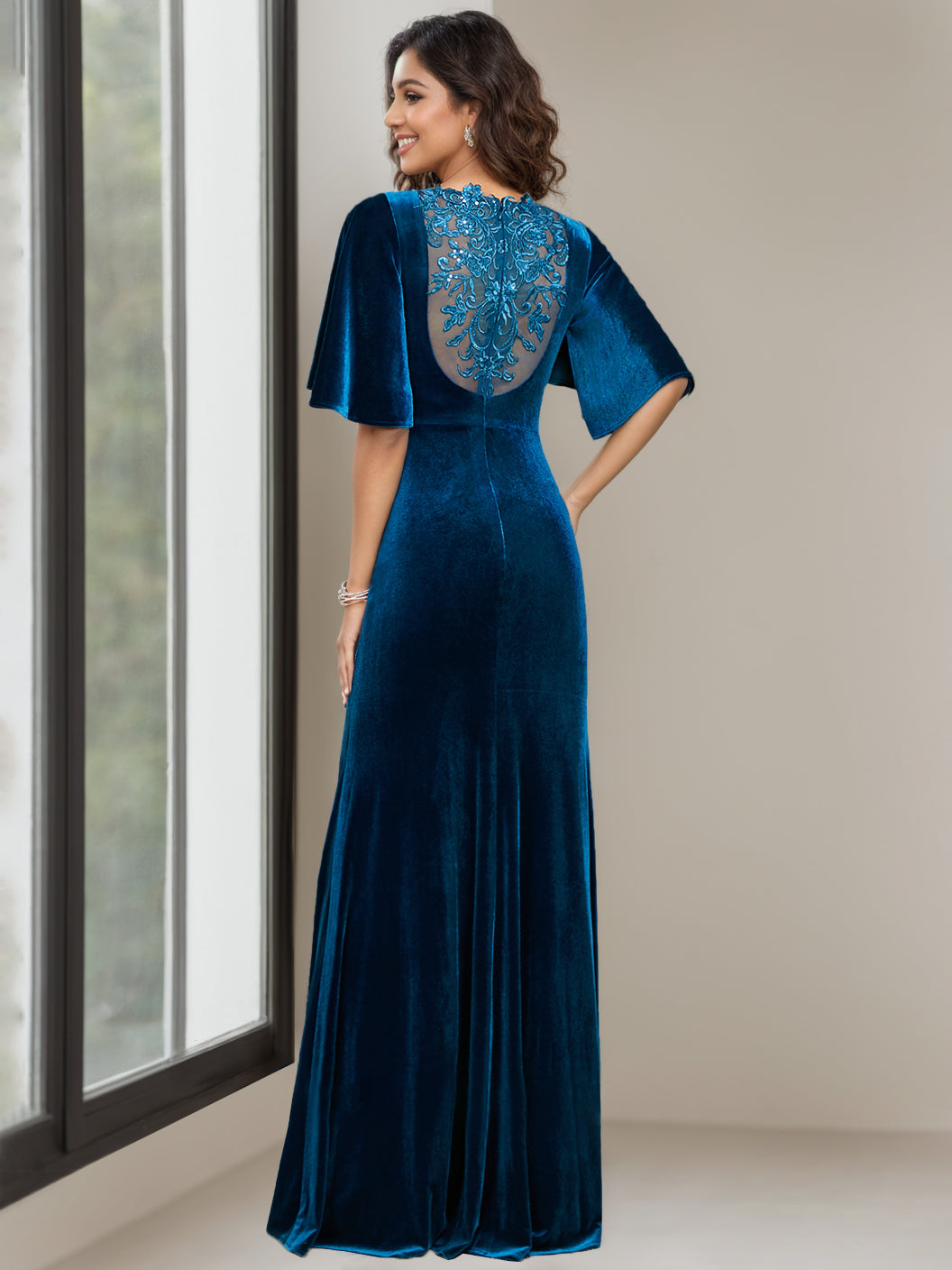 Sheath/Column Scoop Neck Half Sleeves Floor-Length Velvet Mother of the Bride Dresses with Beading, Appliques & Sequins