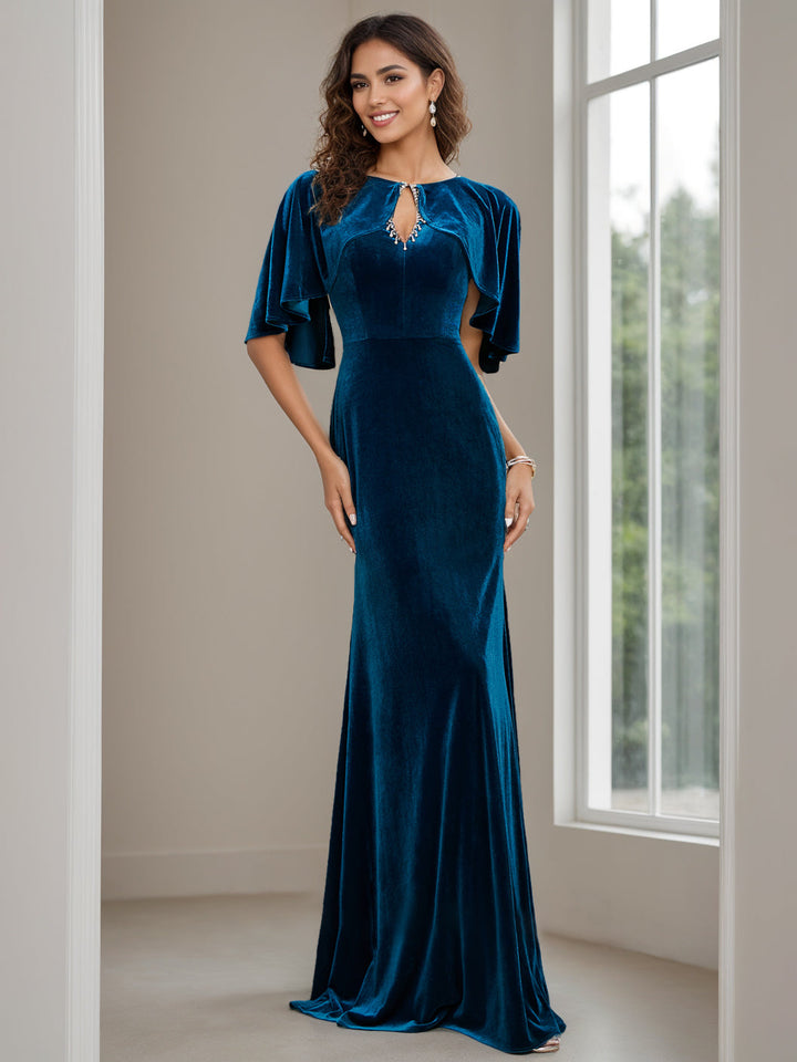 Sheath/Column Scoop Neck Half Sleeves Floor-Length Velvet Mother of the Bride Dresses with Beading, Appliques & Sequins