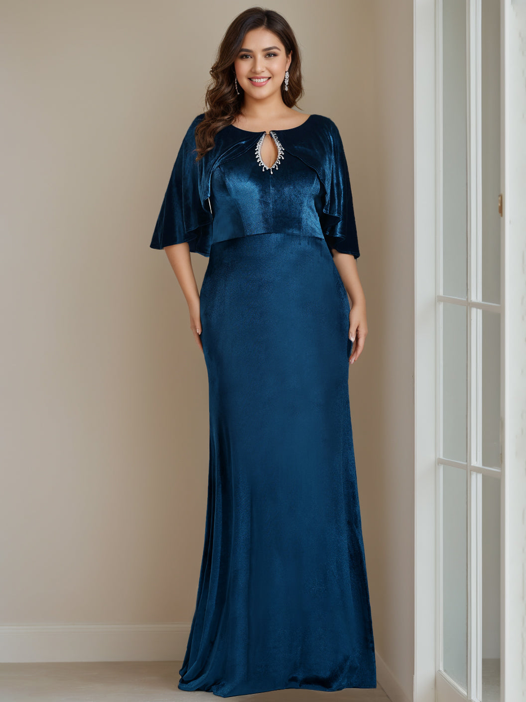 Sheath/Column Scoop Neck Half Sleeves Floor-Length Velvet Mother of the Bride Dresses with Beading, Appliques & Sequins