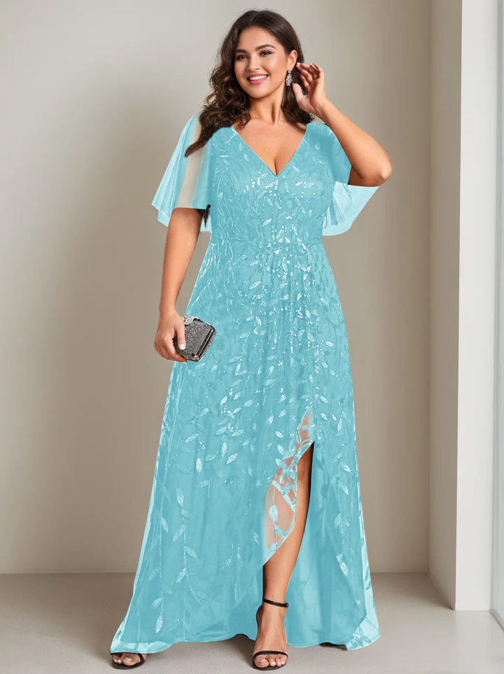 A-Line/Princess V-Neck Short Sleeves Asymmetrical Plus Size Mother Of The Bride Dresses with Sequins