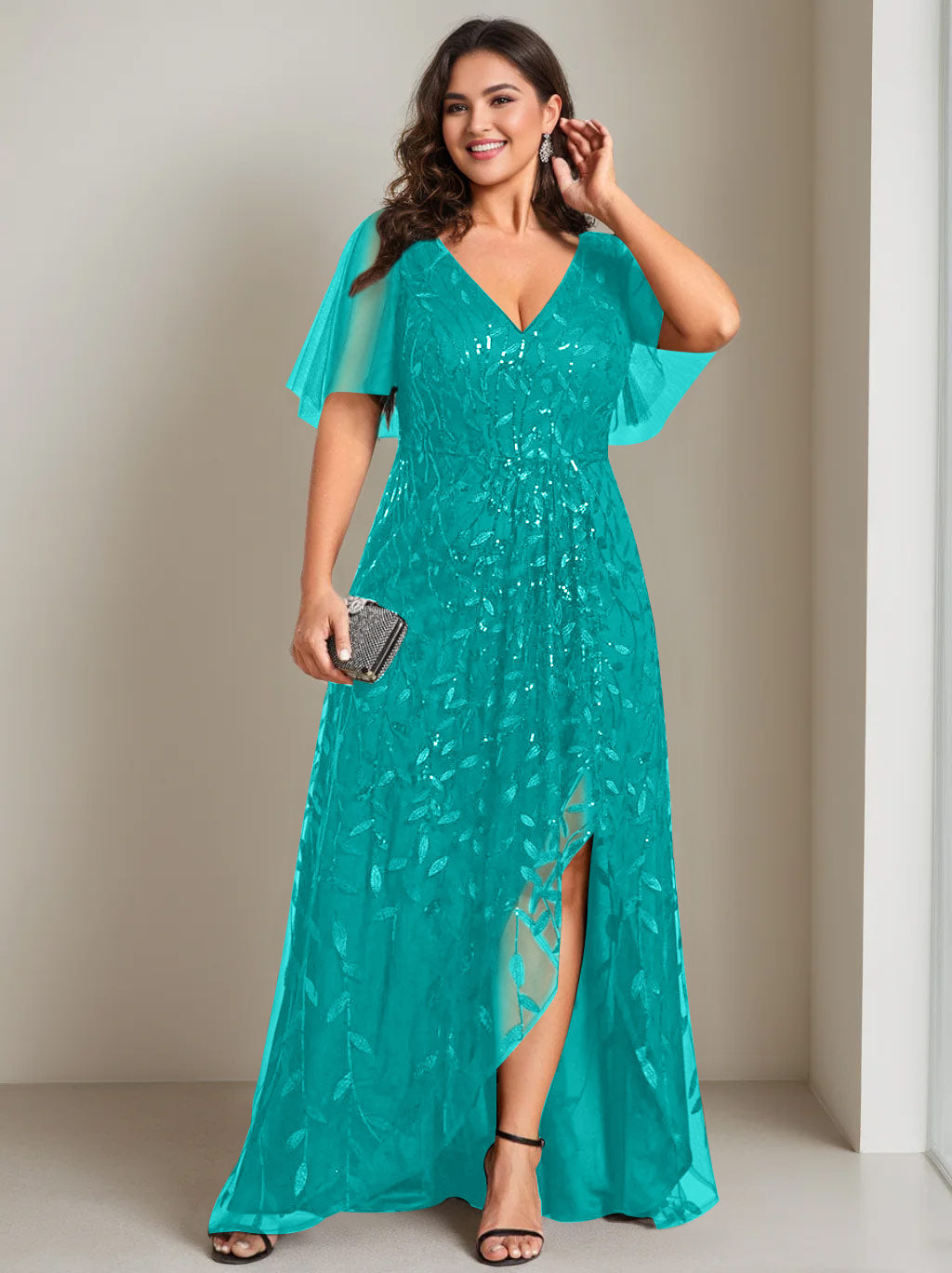 A-Line/Princess V-Neck Short Sleeves Asymmetrical Plus Size Mother Of The Bride Dresses with Sequins