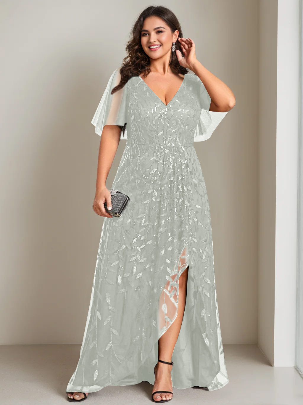 A-Line/Princess V-Neck Short Sleeves Asymmetrical Plus Size Mother Of The Bride Dresses with Sequins