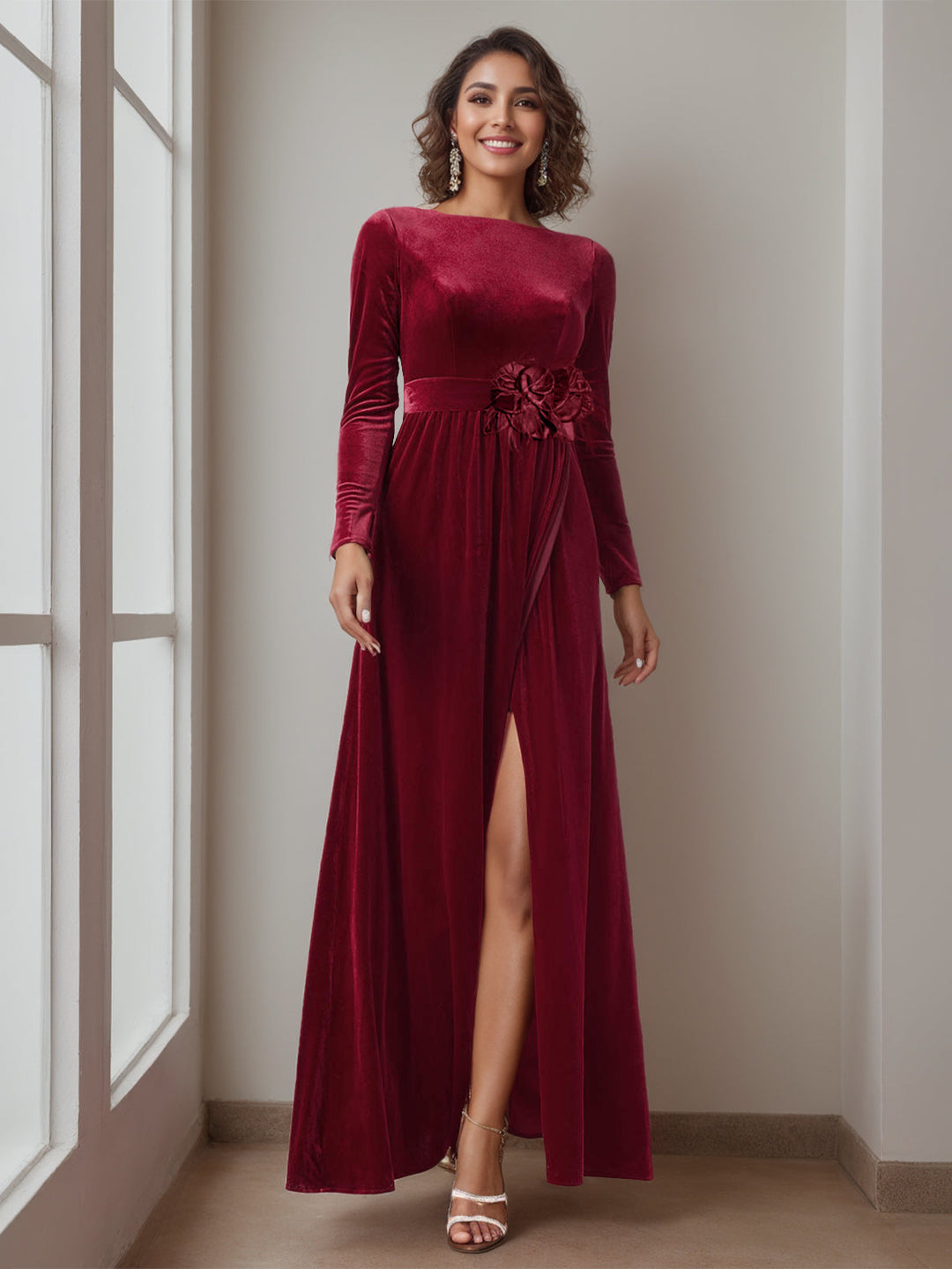 A-Line/Princess Scoop Neck Long Sleeves Floor-Length Mother of the Bride Dresses with Ruffles