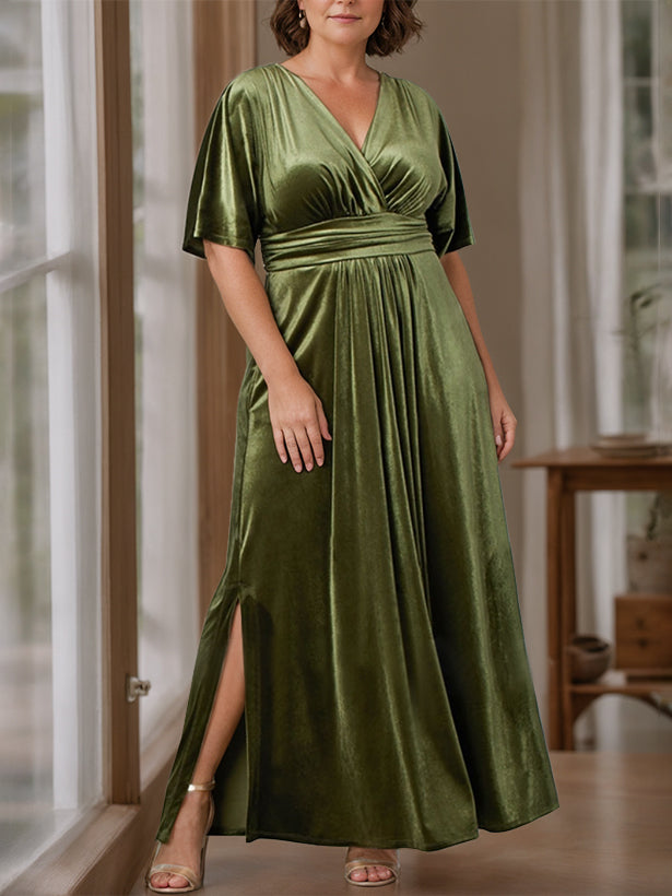 A-Line/Princess V-Neck Half Sleeves Floor-Length Plus Size Velvet Mother of the Bride Dresses with Ruffles