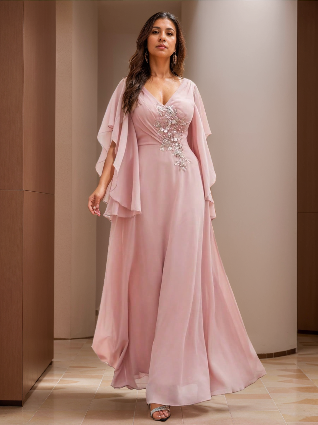 A-Line/Princess V-Neck Short Sleeves Floor-Length Mother of the Bride Dresses with Appliques Lace