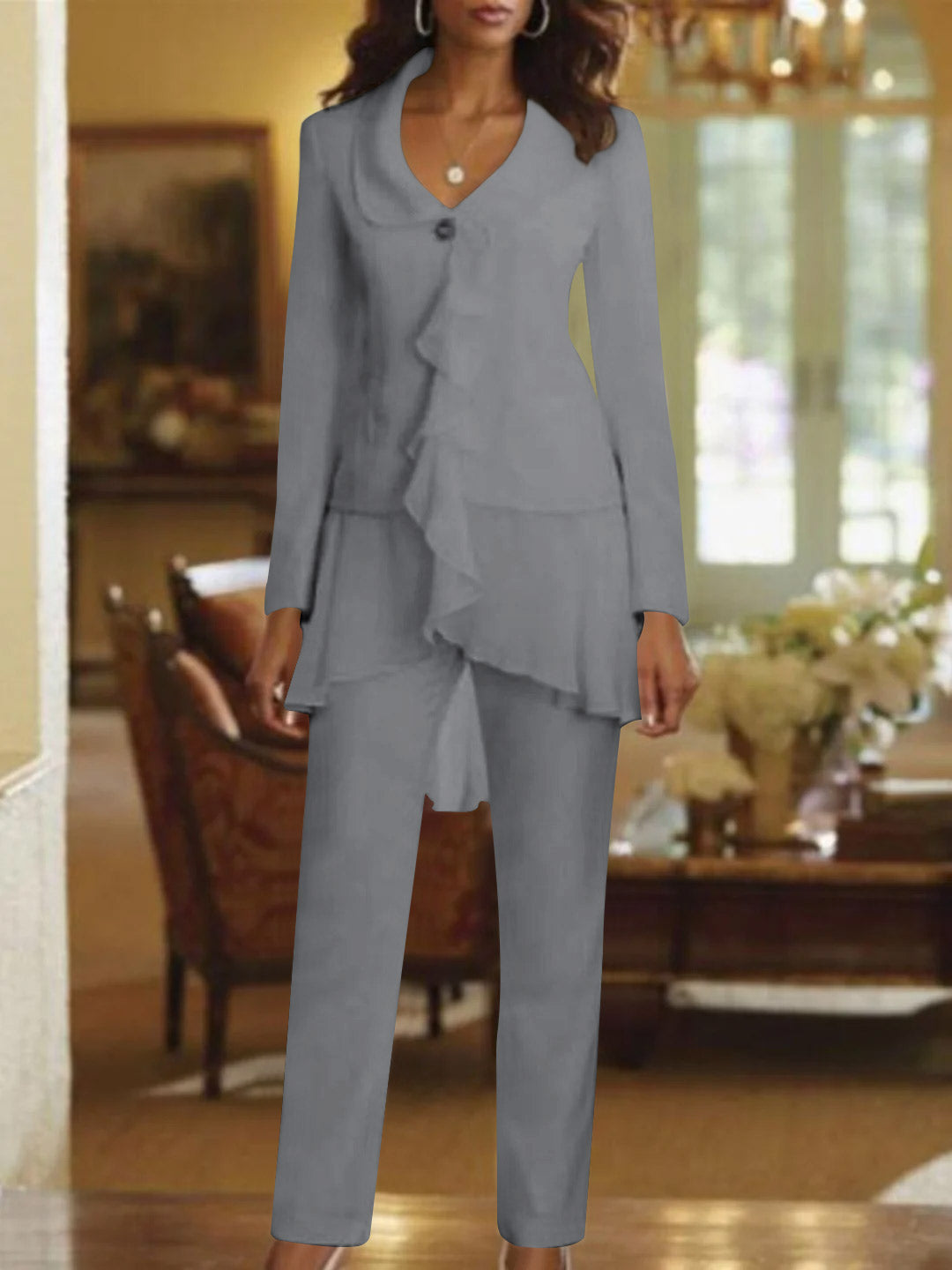 White V-Neck Long Sleeves Floor Length Mother of the Bride Pantsuits With Ruffle