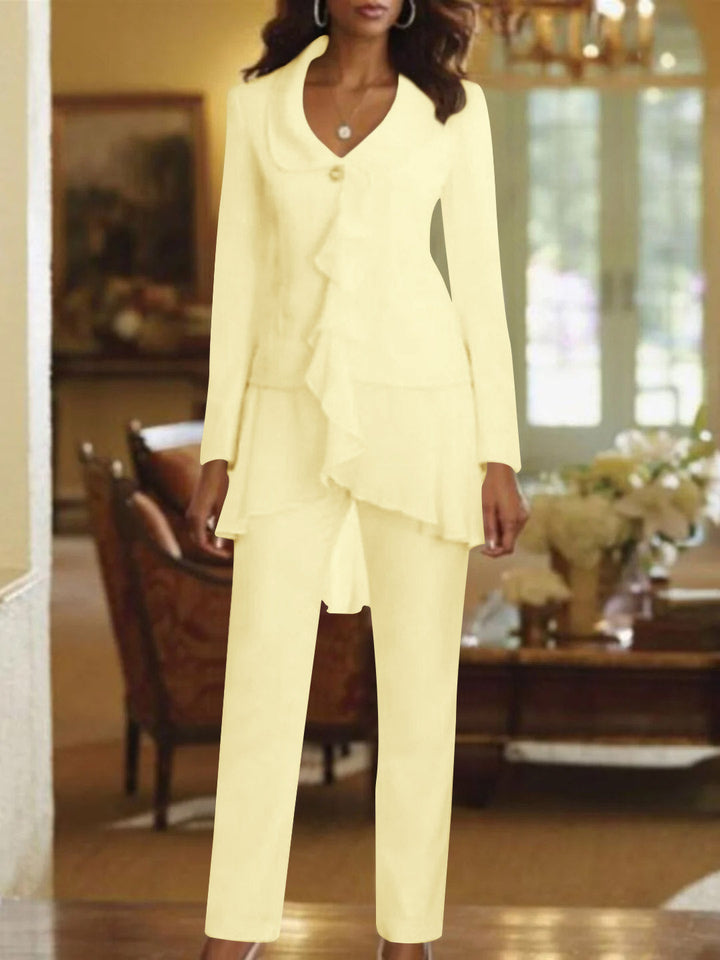 White V-Neck Long Sleeves Floor Length Mother of the Bride Pantsuits With Ruffle