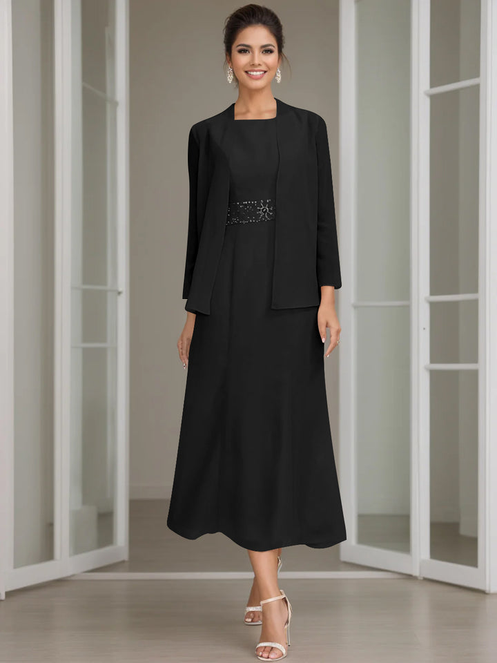 Sheath/Column Jewel Neck Tea Length Mother of the Bride Dresses with Jacket & Beading