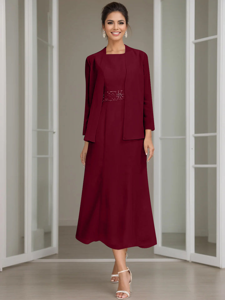 Sheath/Column Jewel Neck Tea Length Mother of the Bride Dresses with Jacket & Beading