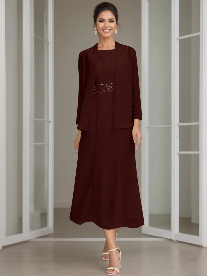 Sheath/Column Jewel Neck Tea Length Mother of the Bride Dresses with Jacket & Beading