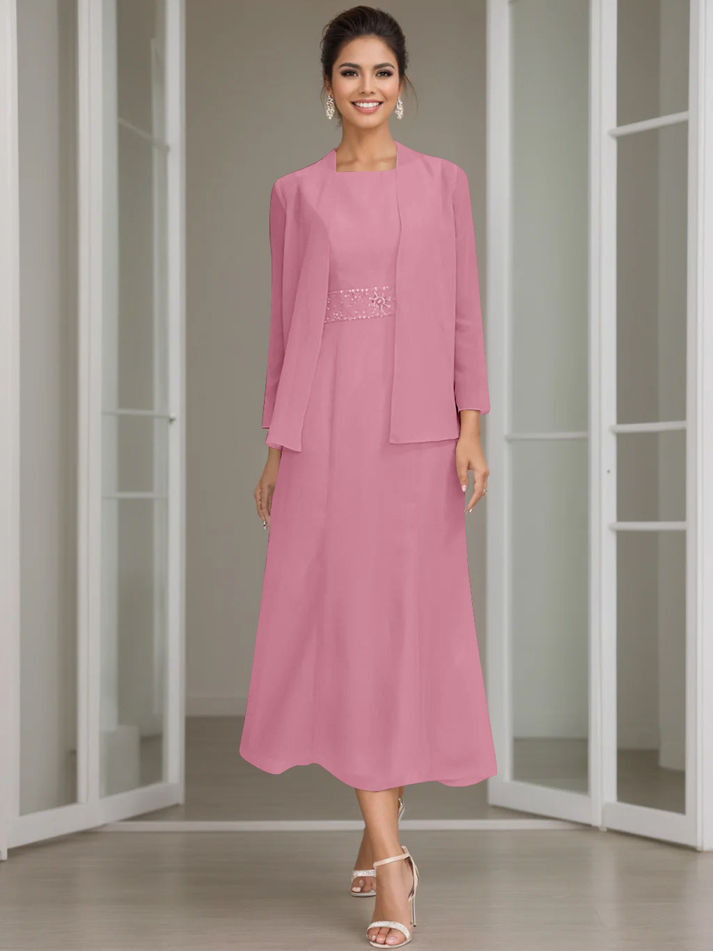 Sheath/Column Jewel Neck Tea Length Mother of the Bride Dresses with Jacket & Beading