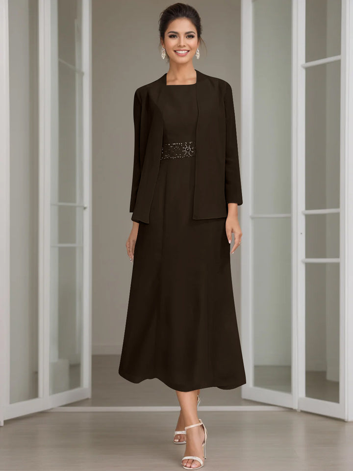 Sheath/Column Jewel Neck Tea Length Mother of the Bride Dresses with Jacket & Beading
