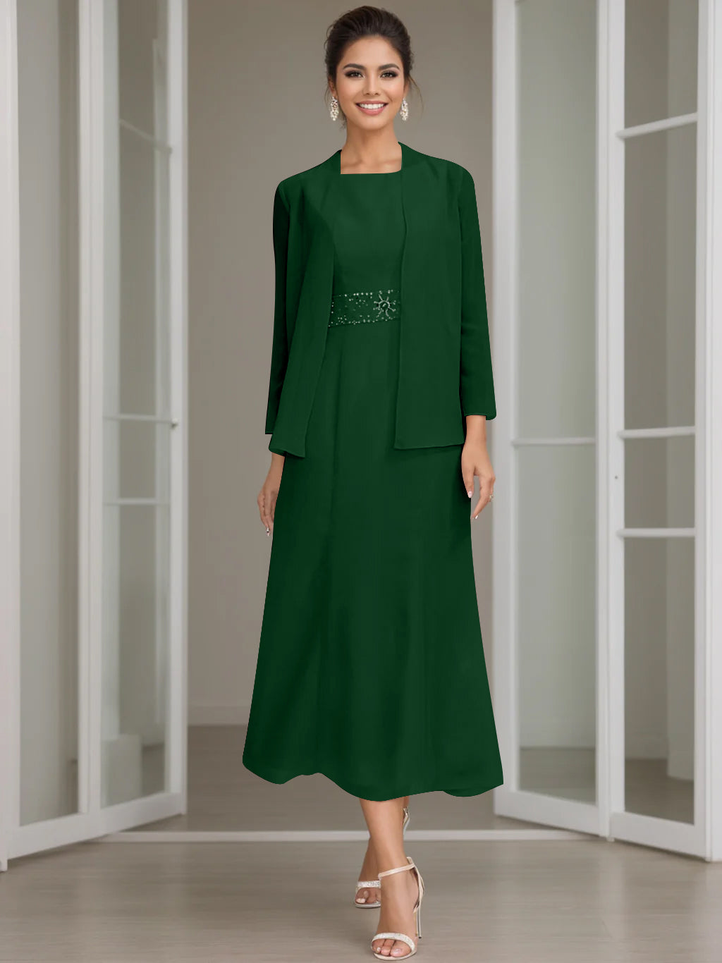 Sheath/Column Jewel Neck Tea Length Mother of the Bride Dresses with Jacket & Beading